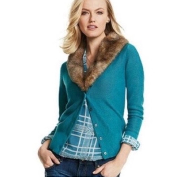 CABI Teal Tearoom Knit Cardigan Sweater Removable Faux Fur Collar Size Medium - Picture 1 of 13